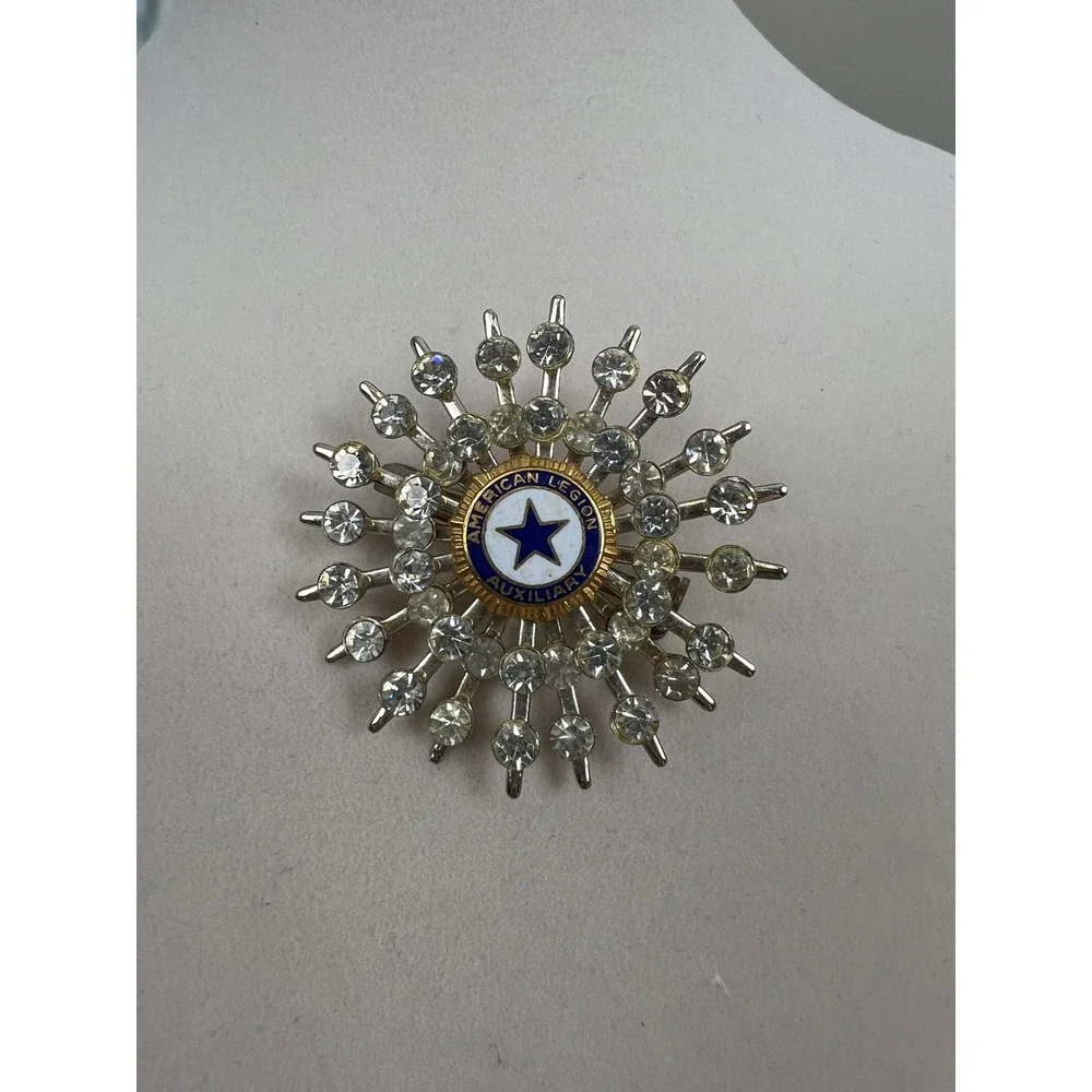 Vintage American Legion Auxiliary Starburst Rhinestone Brooch Pin Silver Tone